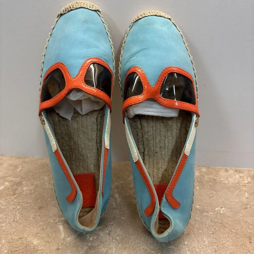 Tory Burch Sunglasses Leather Espadrille Shoes Women 8.5 Logo Leather Aqua